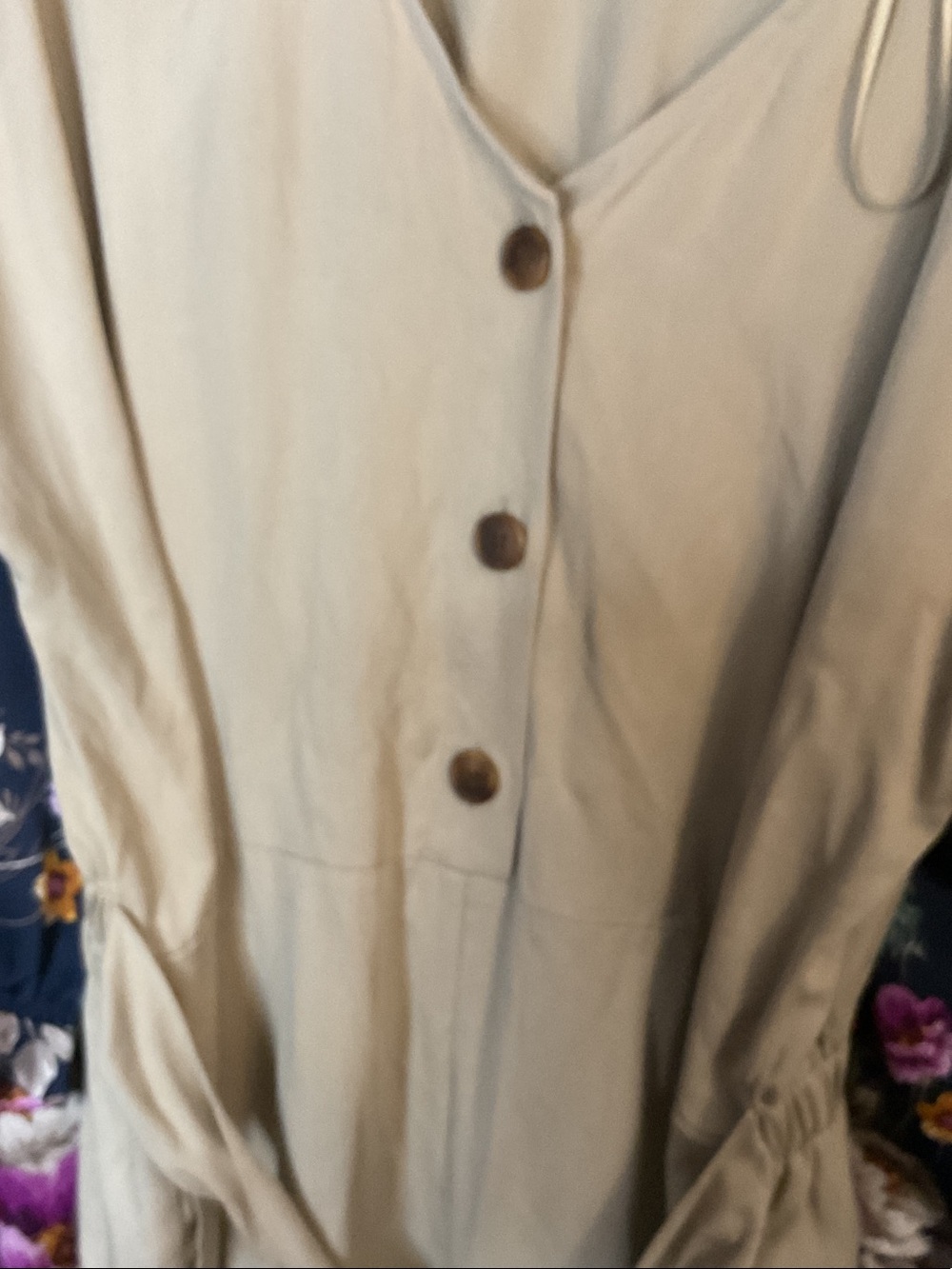 dip Beige Button-Front Jumpsuit ptp 17 to 28. Length 48 belt attached elastic wa